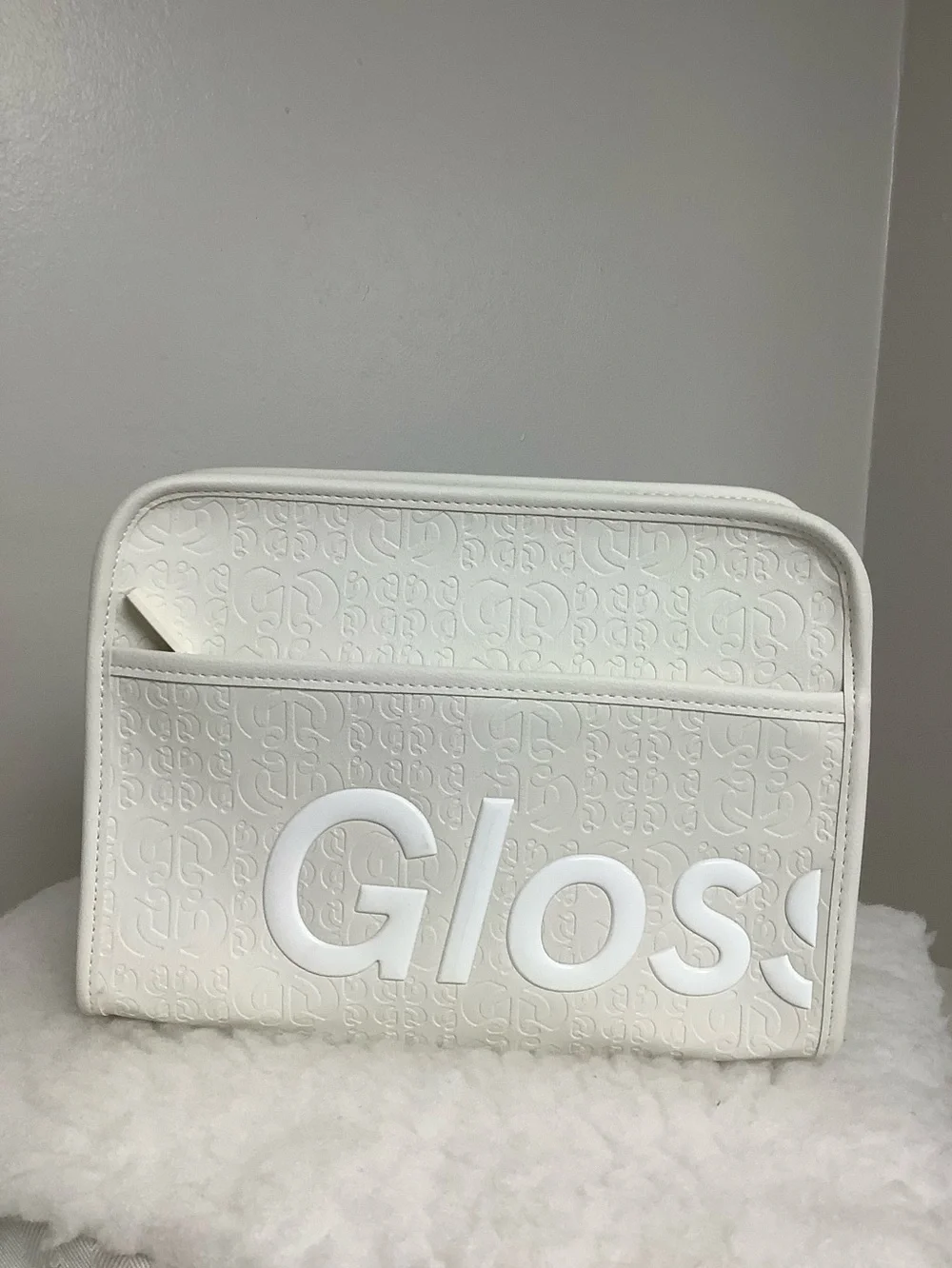 Glossier Limited Edition White Embossed Logo Cosmetic Case w Dust Bag